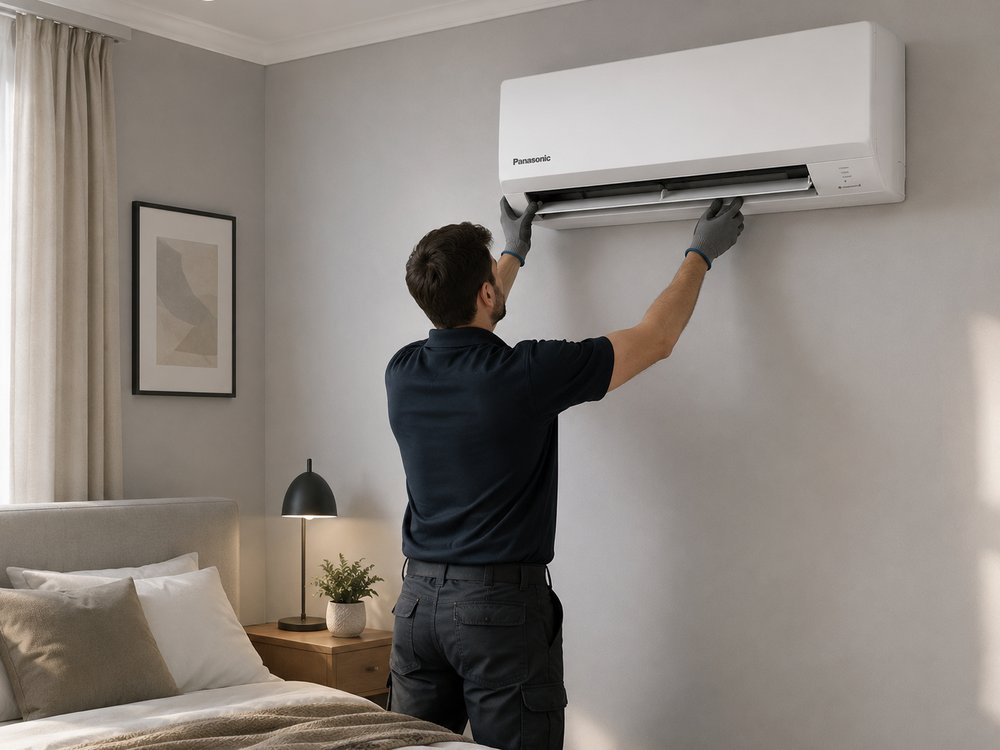 An engineer fitting a Panasonic indoor unit